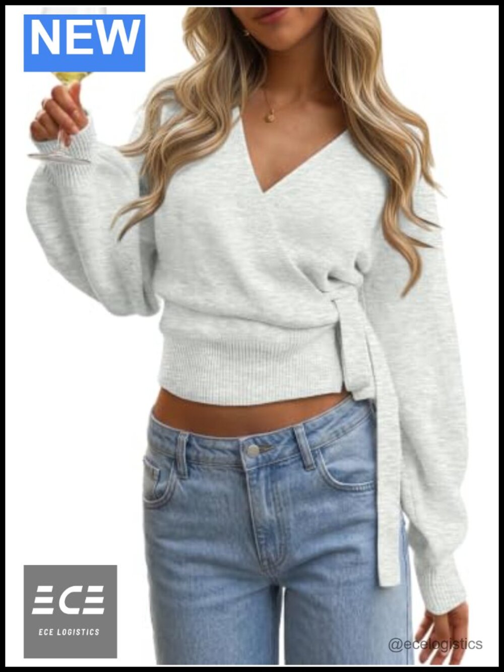 Wrap Cropped Open Front Pullover Sweater Tie Front V-Neck Balloon Sleeve